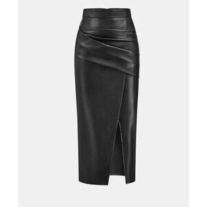 NWT Commense Faux Leather Ruched Slit Midi Bodycon Pencil Skirt - Black - Size M